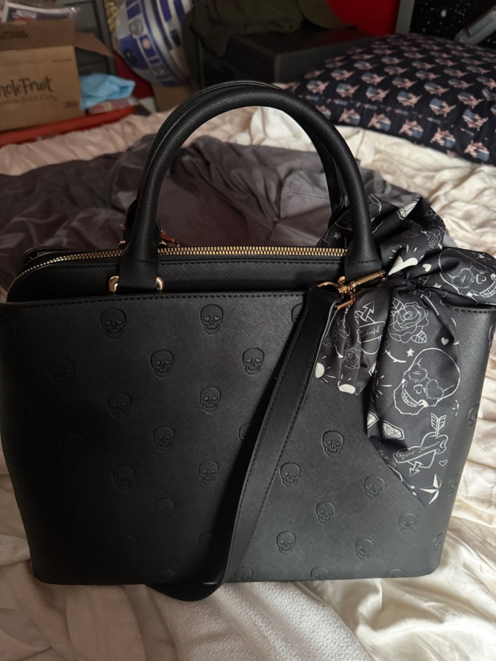 Betsey Johnson Black Skull-Embossed Satchel with Scarf Accent